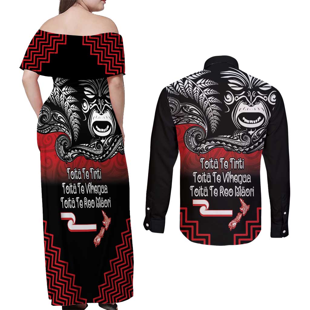 Aotearoa Toitu Te Tiriti Couples Matching Off Shoulder Maxi Dress and Long Sleeve Button Shirt New Zealand Honour the Treaty - Fight Together