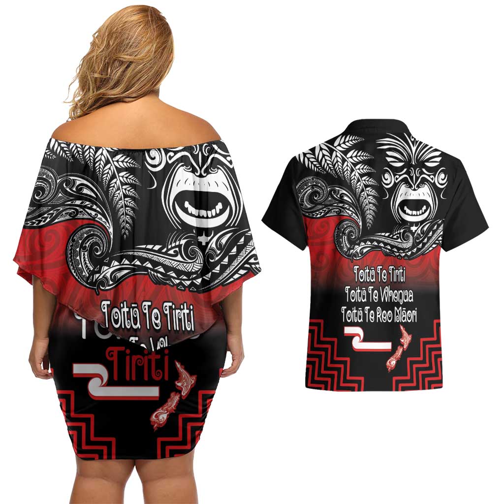 Aotearoa Toitu Te Tiriti Couples Matching Off Shoulder Short Dress and Hawaiian Shirt New Zealand Honour the Treaty - Fight Together