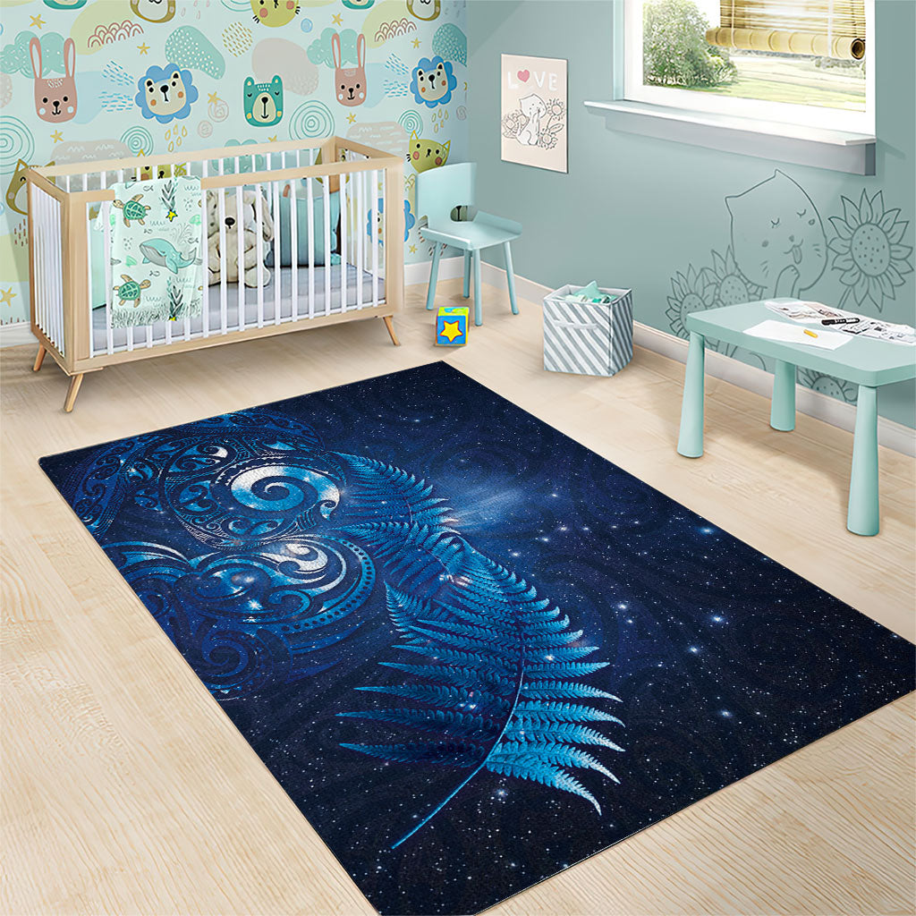 Aotearoa New Zealand New Year Area Rug Tribal Koru Tattoo Blue Galaxy Maori Silver Fern