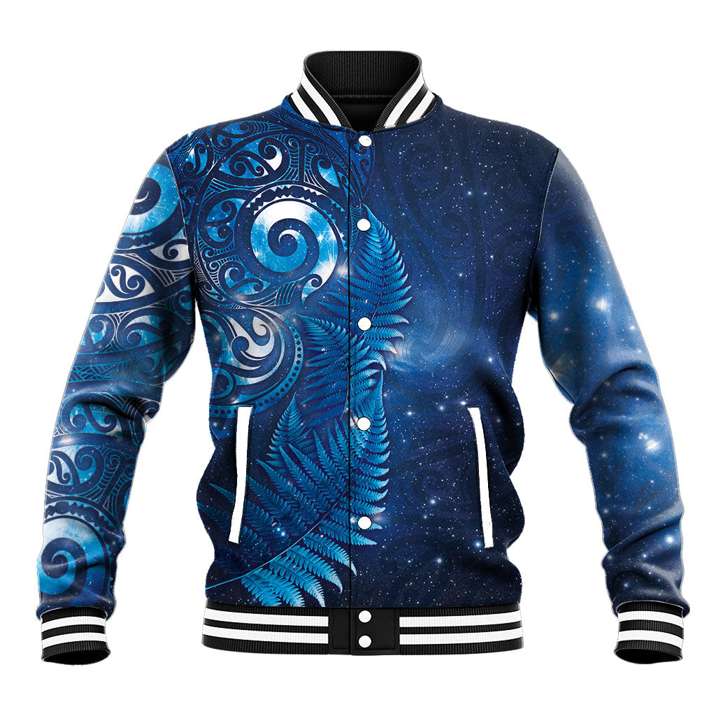 Aotearoa New Zealand New Year Baseball Jacket Tribal Koru Tattoo Blue Galaxy Maori Silver Fern