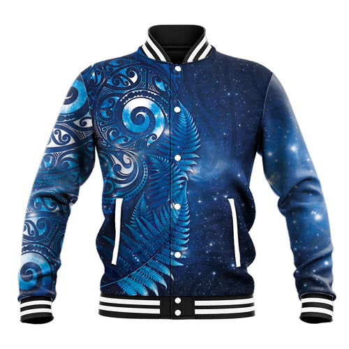 Aotearoa New Zealand New Year Baseball Jacket Tribal Koru Tattoo Blue Galaxy Maori Silver Fern