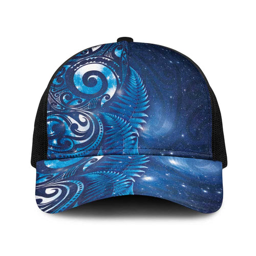 Aotearoa New Zealand New Year Baseball Net Cap Tribal Koru Tattoo Blue Galaxy Maori Silver Fern
