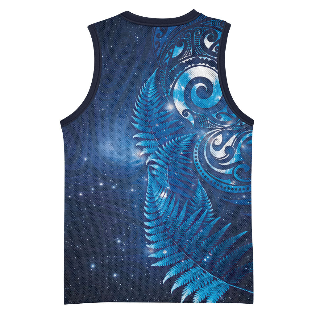 Aotearoa New Zealand New Year Basketball Jersey Tribal Koru Tattoo Blue Galaxy Maori Silver Fern