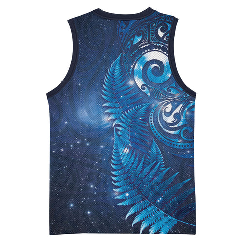 Aotearoa New Zealand New Year Basketball Jersey Tribal Koru Tattoo Blue Galaxy Maori Silver Fern