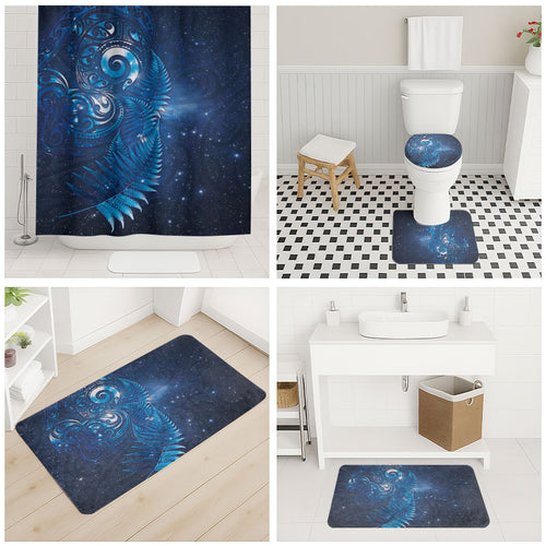 Aotearoa New Zealand New Year Bathroom Set Tribal Koru Tattoo Blue Galaxy Maori Silver Fern