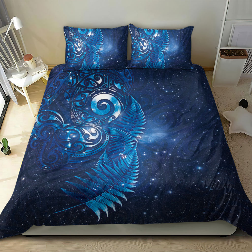 Aotearoa New Zealand New Year Bedding Set Tribal Koru Tattoo Blue Galaxy Maori Silver Fern