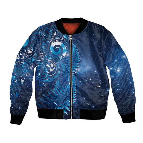 Aotearoa New Zealand New Year Bomber Jacket Tribal Koru Tattoo Blue Galaxy Maori Silver Fern