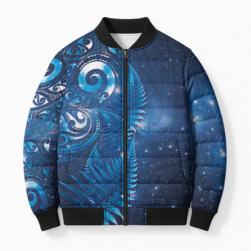 Aotearoa New Zealand New Year Bomber Puffer Jacket Tribal Koru Tattoo Blue Galaxy Maori Silver Fern