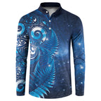 Aotearoa New Zealand New Year Button Sweatshirt Tribal Koru Tattoo Blue Galaxy Maori Silver Fern