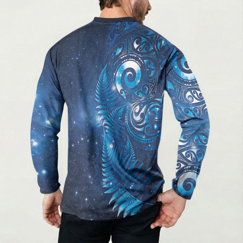 Aotearoa New Zealand New Year Button Sweatshirt Tribal Koru Tattoo Blue Galaxy Maori Silver Fern