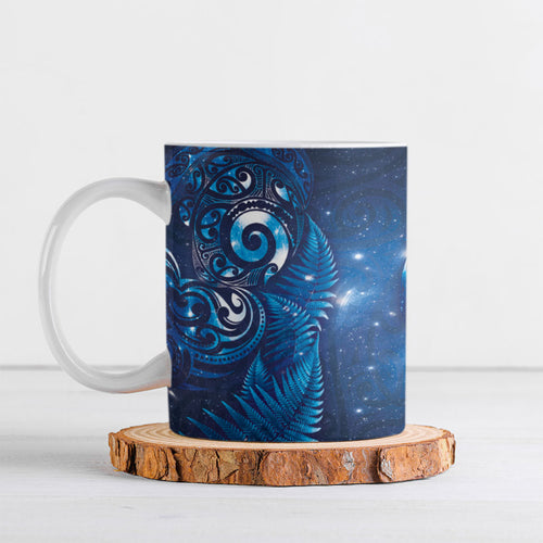 Aotearoa New Zealand New Year Ceramic Mug Tribal Koru Tattoo Blue Galaxy Maori Silver Fern