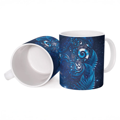 Aotearoa New Zealand New Year Ceramic Mug Tribal Koru Tattoo Blue Galaxy Maori Silver Fern