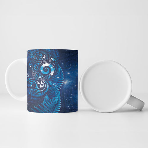 Aotearoa New Zealand New Year Ceramic Mug Tribal Koru Tattoo Blue Galaxy Maori Silver Fern