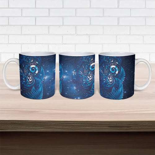 Aotearoa New Zealand New Year Ceramic Mug Tribal Koru Tattoo Blue Galaxy Maori Silver Fern
