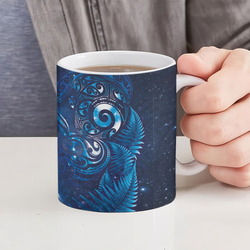 Aotearoa New Zealand New Year Ceramic Mug Tribal Koru Tattoo Blue Galaxy Maori Silver Fern