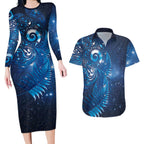 Aotearoa New Zealand New Year Couples Matching Long Sleeve Bodycon Dress and Hawaiian Shirt Tribal Koru Tattoo Blue Galaxy Maori Silver Fern