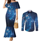 Aotearoa New Zealand New Year Couples Matching Mermaid Dress and Long Sleeve Button Shirt Tribal Koru Tattoo Blue Galaxy Maori Silver Fern