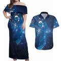 Aotearoa New Zealand New Year Couples Matching Off Shoulder Maxi Dress and Hawaiian Shirt Tribal Koru Tattoo Blue Galaxy Maori Silver Fern