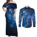 Aotearoa New Zealand New Year Couples Matching Off Shoulder Maxi Dress and Long Sleeve Button Shirt Tribal Koru Tattoo Blue Galaxy Maori Silver Fern