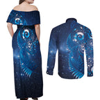 Aotearoa New Zealand New Year Couples Matching Off Shoulder Maxi Dress and Long Sleeve Button Shirt Tribal Koru Tattoo Blue Galaxy Maori Silver Fern