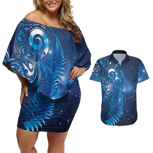 Aotearoa New Zealand New Year Couples Matching Off Shoulder Short Dress and Hawaiian Shirt Tribal Koru Tattoo Blue Galaxy Maori Silver Fern