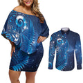 Aotearoa New Zealand New Year Couples Matching Off Shoulder Short Dress and Long Sleeve Button Shirt Tribal Koru Tattoo Blue Galaxy Maori Silver Fern