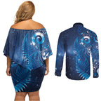 Aotearoa New Zealand New Year Couples Matching Off Shoulder Short Dress and Long Sleeve Button Shirt Tribal Koru Tattoo Blue Galaxy Maori Silver Fern