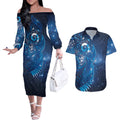 Aotearoa New Zealand New Year Couples Matching Off The Shoulder Long Sleeve Dress and Hawaiian Shirt Tribal Koru Tattoo Blue Galaxy Maori Silver Fern