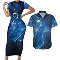 Aotearoa New Zealand New Year Couples Matching Short Sleeve Bodycon Dress and Hawaiian Shirt Tribal Koru Tattoo Blue Galaxy Maori Silver Fern