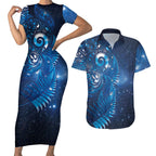 Aotearoa New Zealand New Year Couples Matching Short Sleeve Bodycon Dress and Hawaiian Shirt Tribal Koru Tattoo Blue Galaxy Maori Silver Fern