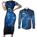 Aotearoa New Zealand New Year Couples Matching Short Sleeve Bodycon Dress and Long Sleeve Button Shirt Tribal Koru Tattoo Blue Galaxy Maori Silver Fern
