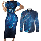Aotearoa New Zealand New Year Couples Matching Short Sleeve Bodycon Dress and Long Sleeve Button Shirt Tribal Koru Tattoo Blue Galaxy Maori Silver Fern