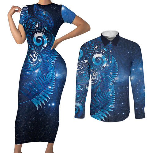 Aotearoa New Zealand New Year Couples Matching Short Sleeve Bodycon Dress and Long Sleeve Button Shirt Tribal Koru Tattoo Blue Galaxy Maori Silver Fern