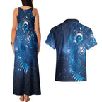 Aotearoa New Zealand New Year Couples Matching Tank Maxi Dress and Hawaiian Shirt Tribal Koru Tattoo Blue Galaxy Maori Silver Fern