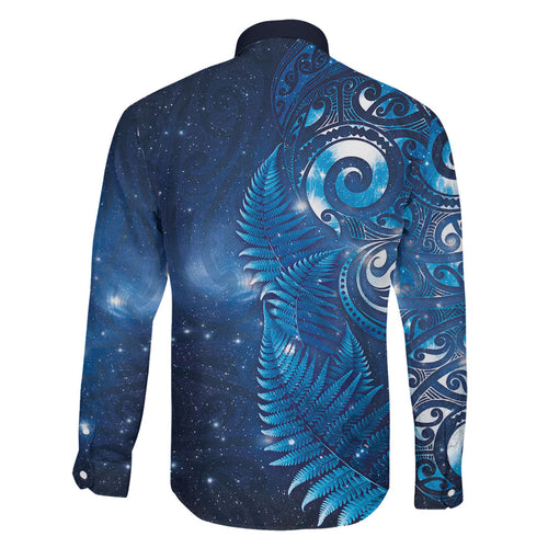 Aotearoa New Zealand New Year Family Matching Long Sleeve Bodycon Dress and Hawaiian Shirt Tribal Koru Tattoo Blue Galaxy Maori Silver Fern