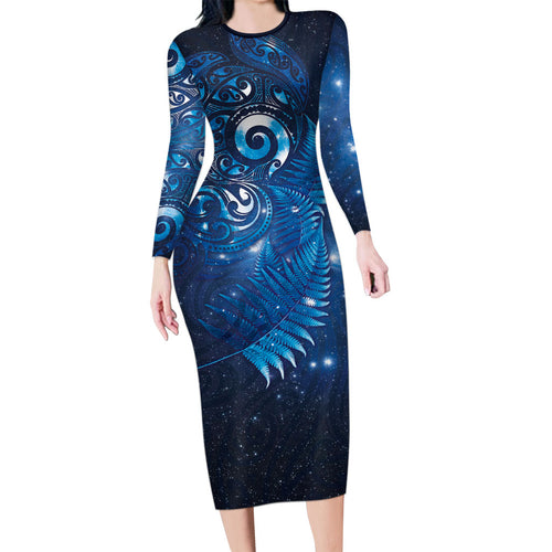 Aotearoa New Zealand New Year Family Matching Long Sleeve Bodycon Dress and Hawaiian Shirt Tribal Koru Tattoo Blue Galaxy Maori Silver Fern