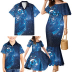 Aotearoa New Zealand New Year Family Matching Mermaid Dress and Hawaiian Shirt Tribal Koru Tattoo Blue Galaxy Maori Silver Fern