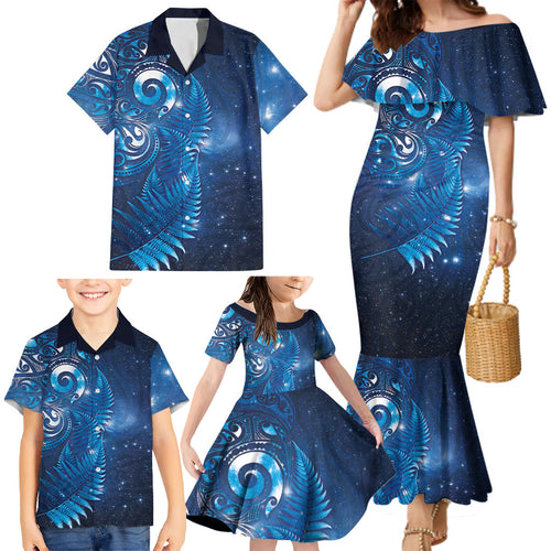 Aotearoa New Zealand New Year Family Matching Mermaid Dress and Hawaiian Shirt Tribal Koru Tattoo Blue Galaxy Maori Silver Fern