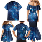 Aotearoa New Zealand New Year Family Matching Mermaid Dress and Hawaiian Shirt Tribal Koru Tattoo Blue Galaxy Maori Silver Fern