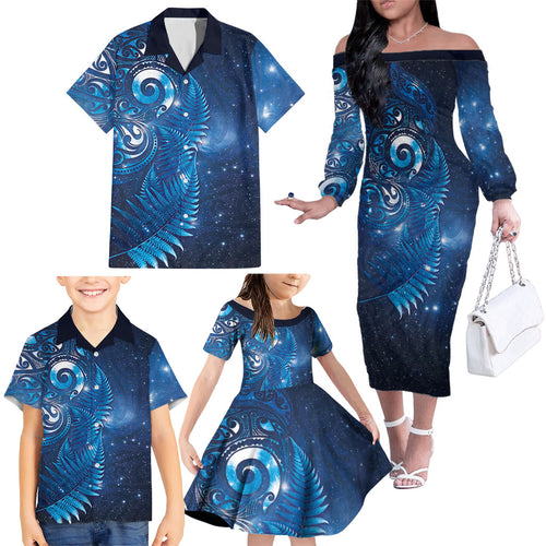 Aotearoa New Zealand New Year Family Matching Off The Shoulder Long Sleeve Dress and Hawaiian Shirt Tribal Koru Tattoo Blue Galaxy Maori Silver Fern