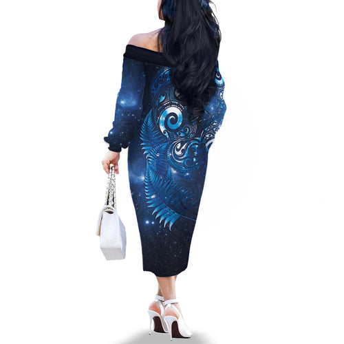 Aotearoa New Zealand New Year Family Matching Off The Shoulder Long Sleeve Dress and Hawaiian Shirt Tribal Koru Tattoo Blue Galaxy Maori Silver Fern
