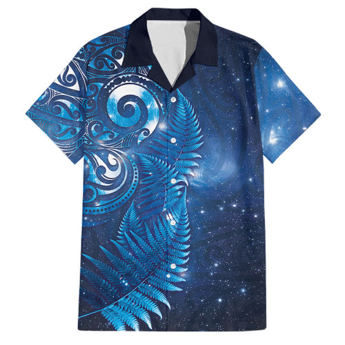Aotearoa New Zealand New Year Family Matching Off Shoulder Maxi Dress and Hawaiian Shirt Tribal Koru Tattoo Blue Galaxy Maori Silver Fern