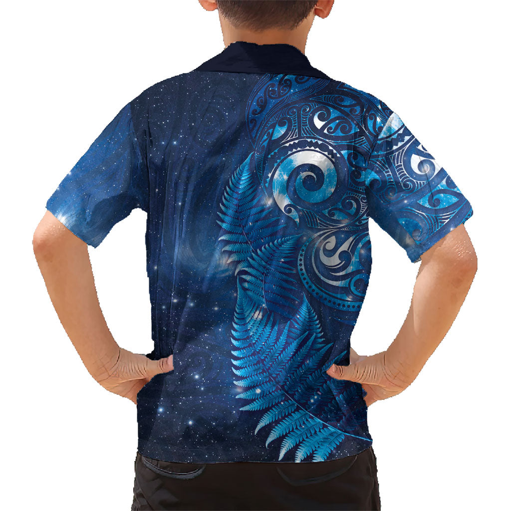 Aotearoa New Zealand New Year Family Matching Off Shoulder Short Dress and Hawaiian Shirt Tribal Koru Tattoo Blue Galaxy Maori Silver Fern
