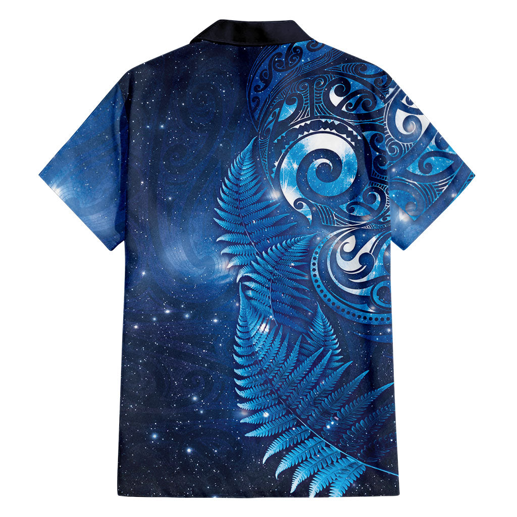 Aotearoa New Zealand New Year Family Matching Off Shoulder Short Dress and Hawaiian Shirt Tribal Koru Tattoo Blue Galaxy Maori Silver Fern