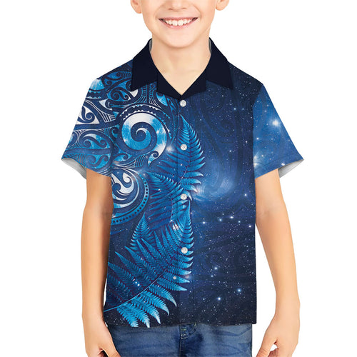 Aotearoa New Zealand New Year Family Matching Puletasi and Hawaiian Shirt Tribal Koru Tattoo Blue Galaxy Maori Silver Fern