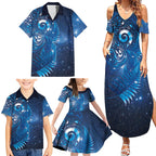 Aotearoa New Zealand New Year Family Matching Summer Maxi Dress and Hawaiian Shirt Tribal Koru Tattoo Blue Galaxy Maori Silver Fern