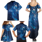 Aotearoa New Zealand New Year Family Matching Summer Maxi Dress and Hawaiian Shirt Tribal Koru Tattoo Blue Galaxy Maori Silver Fern