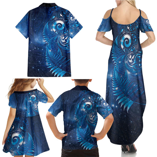 Aotearoa New Zealand New Year Family Matching Summer Maxi Dress and Hawaiian Shirt Tribal Koru Tattoo Blue Galaxy Maori Silver Fern