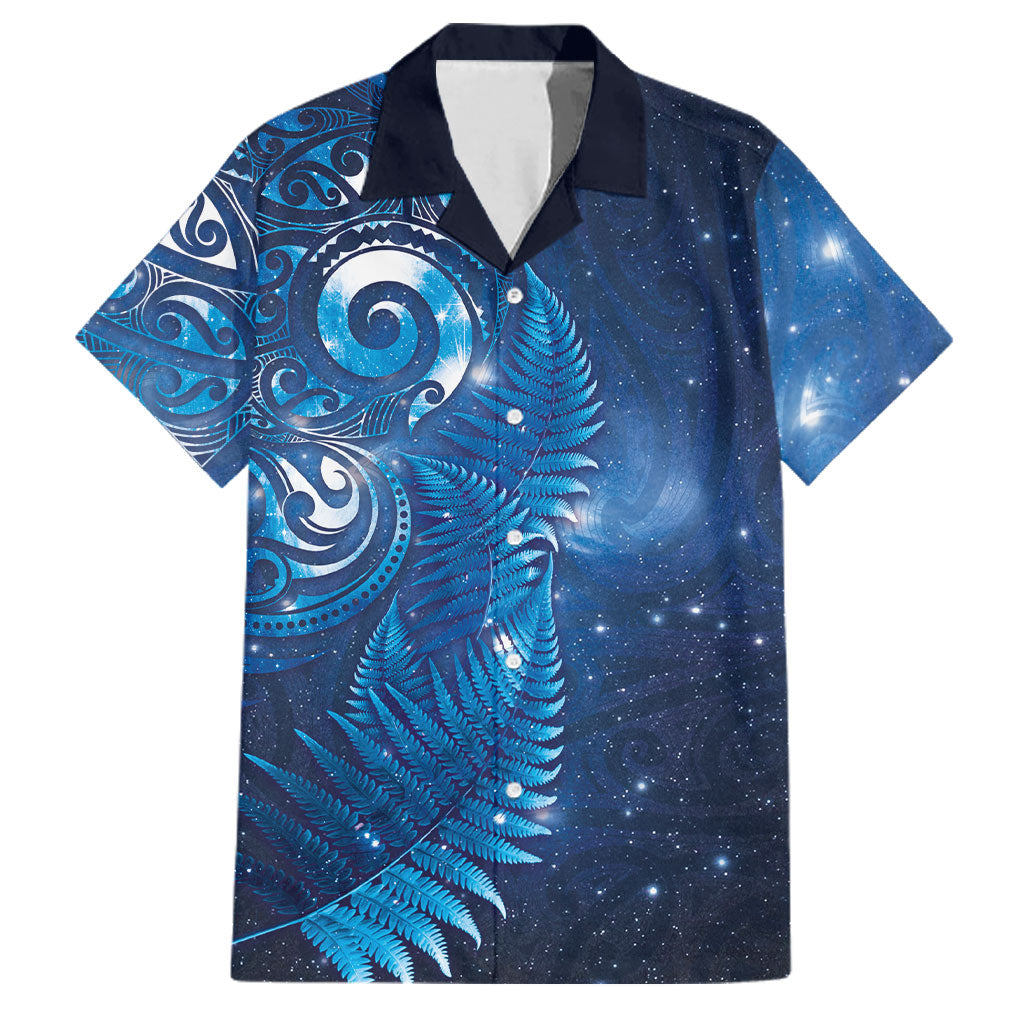 Aotearoa New Zealand New Year Family Matching Summer Maxi Dress and Hawaiian Shirt Tribal Koru Tattoo Blue Galaxy Maori Silver Fern