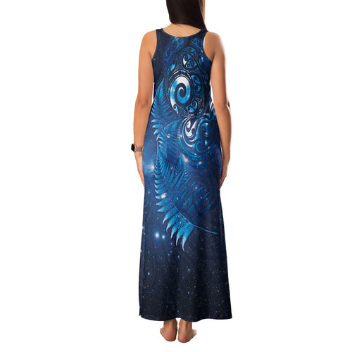Aotearoa New Zealand New Year Family Matching Tank Maxi Dress and Hawaiian Shirt Tribal Koru Tattoo Blue Galaxy Maori Silver Fern